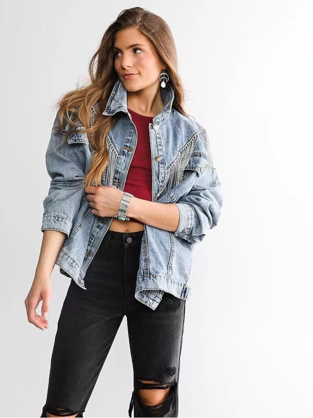 Rhinestone Fringe Denim Jacket- - Medium Wash Blue
